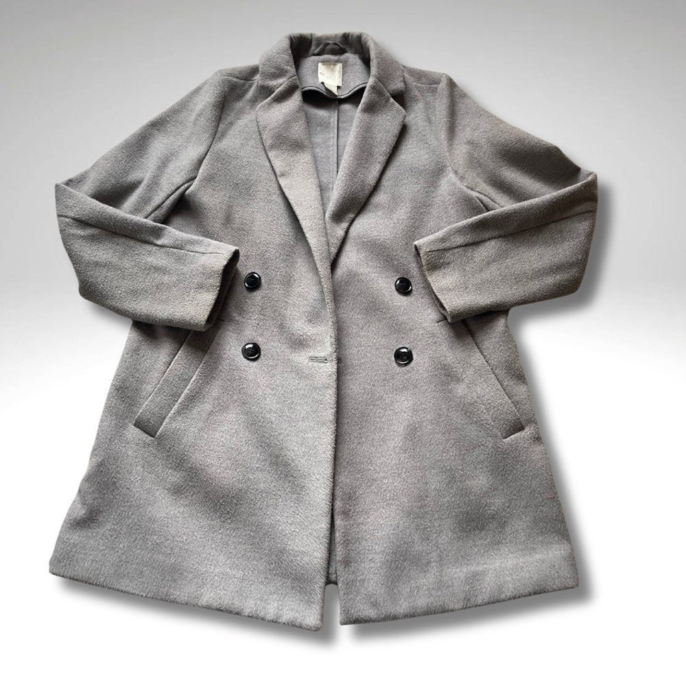H&M Heather Grey Long Double-Breasted Coat | Size 2 | Soft Brushed Texture